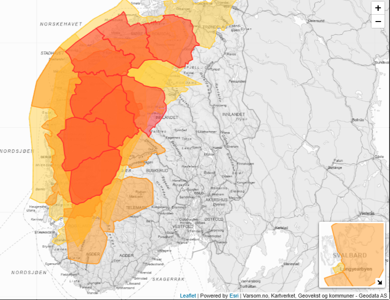 Kart med fareområder for flom, snø- og sørpeskred. Varsom.no